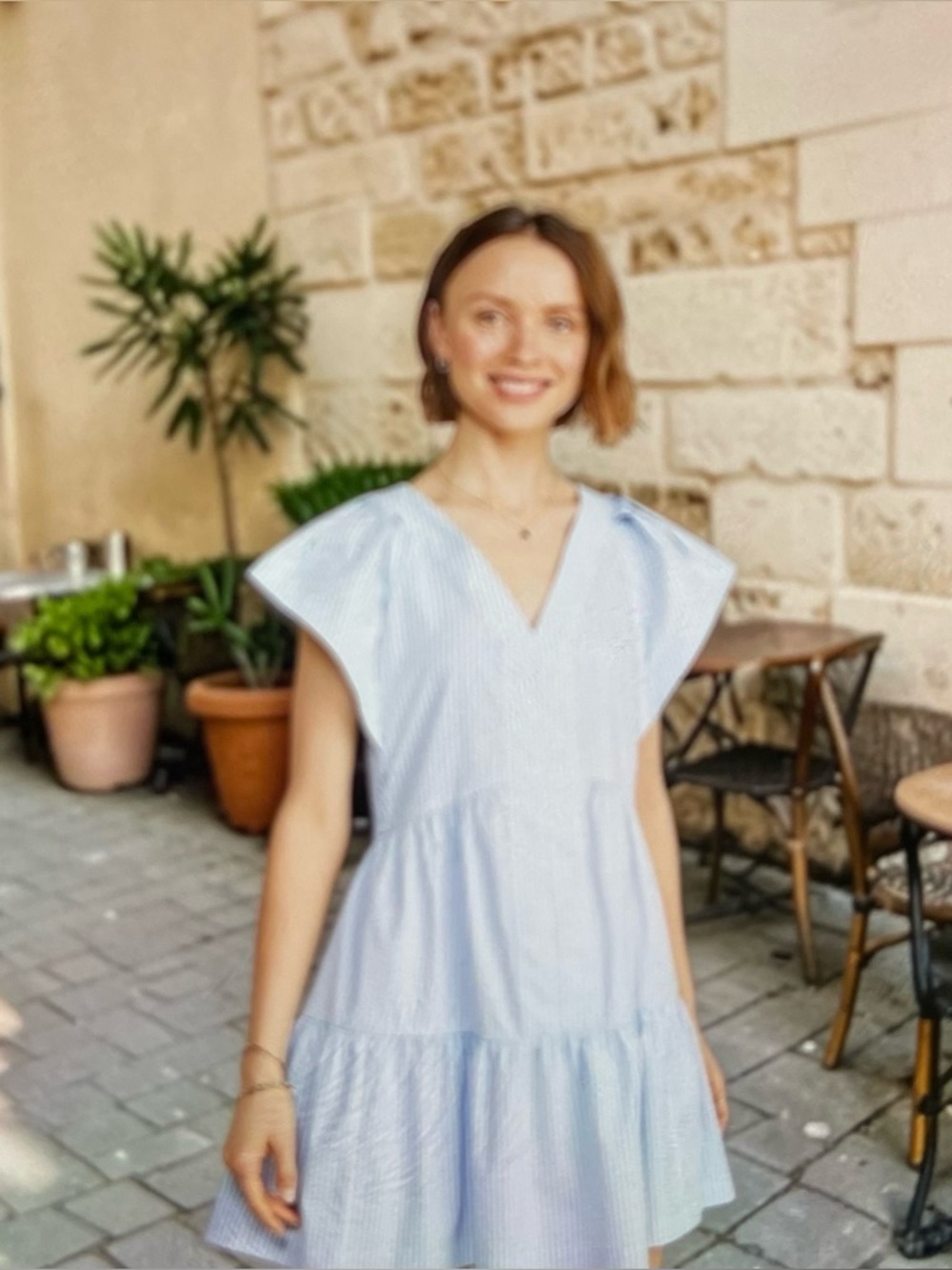 Vineyard Vines Light Blue Striped V-Neck Tiered Mini Dress